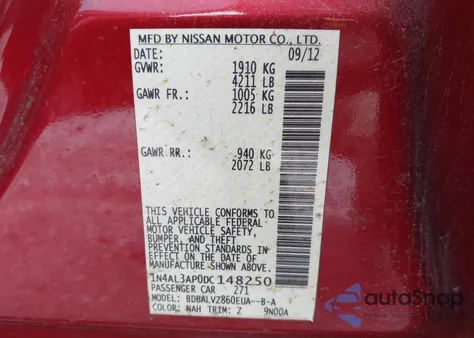 2013 Nissan Altima 2.5 Sl z USA, uszkodzony, nr VIN 1N4AL3AP0DC148250